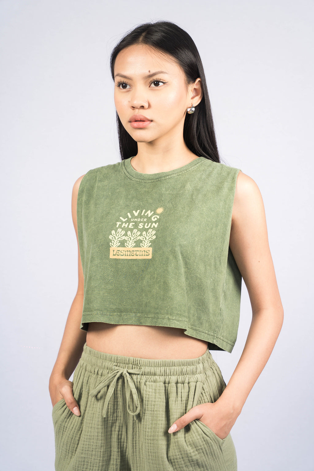 MONA Olive Green Wash Sleeveless Top