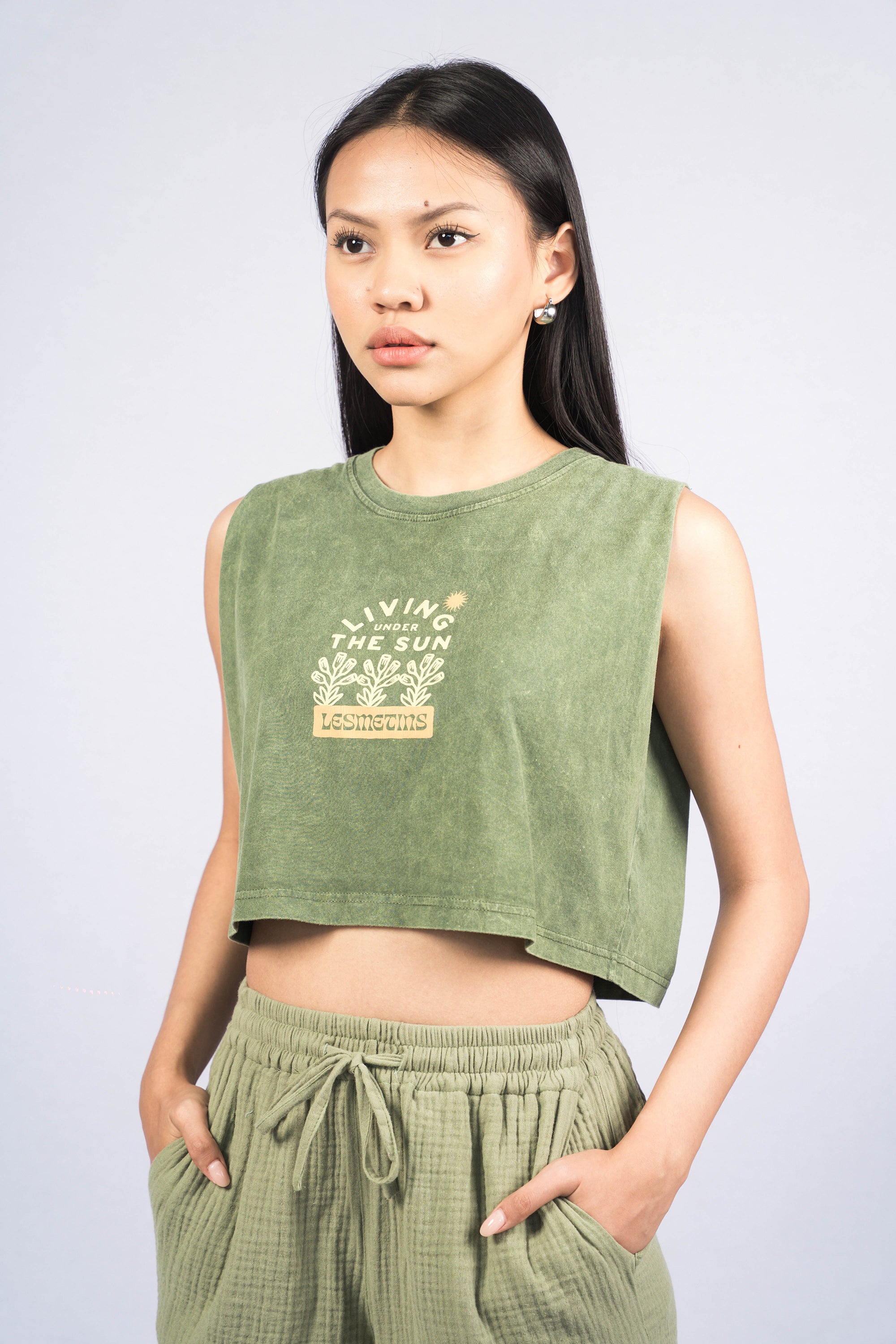 MONA Olive Green Wash Sleeveless Top