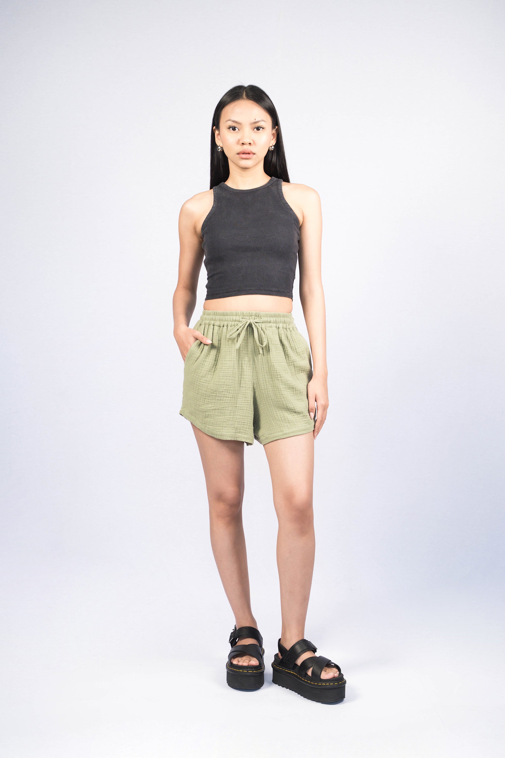 LINA Olive Green Regular-Fit Sweat Shorts